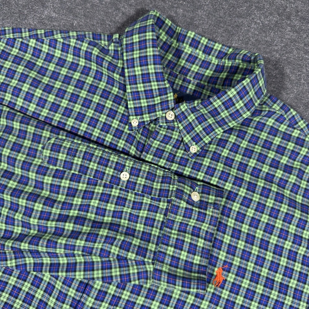 Ralph Lauren Button Down Shirt Mens XL Blue Green Plaid Long Sleeve Pony